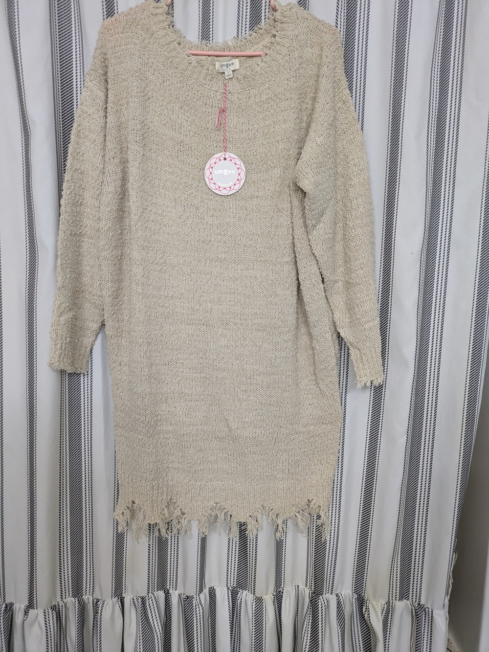 Umgee Cream Distressed-Hem Crewneck Sweater Dress